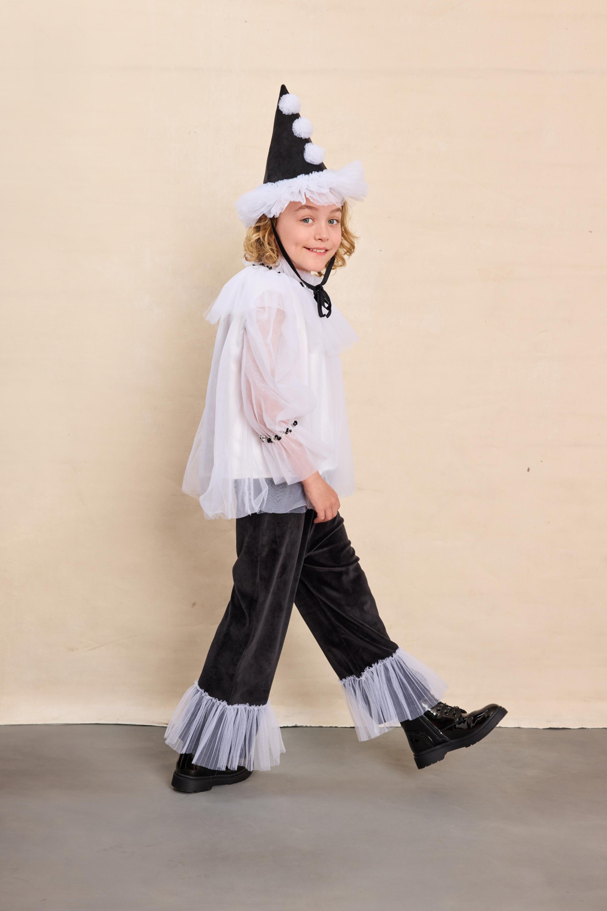 Pierrot Clown Costume Set for Kids - Cape (M/L), Hat (M/L), Shirt & Trousers