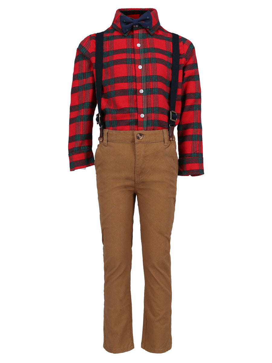 Boys Plaid Flannel Shirt, Twill Pants, Suspenders & Bow Tie 4pc Set