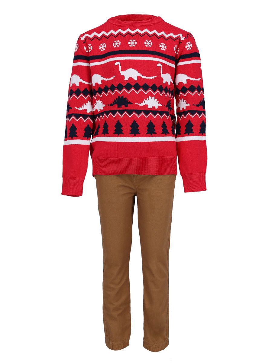 Boys Red Dino Jacquard Holiday Sweater & Jogger Set