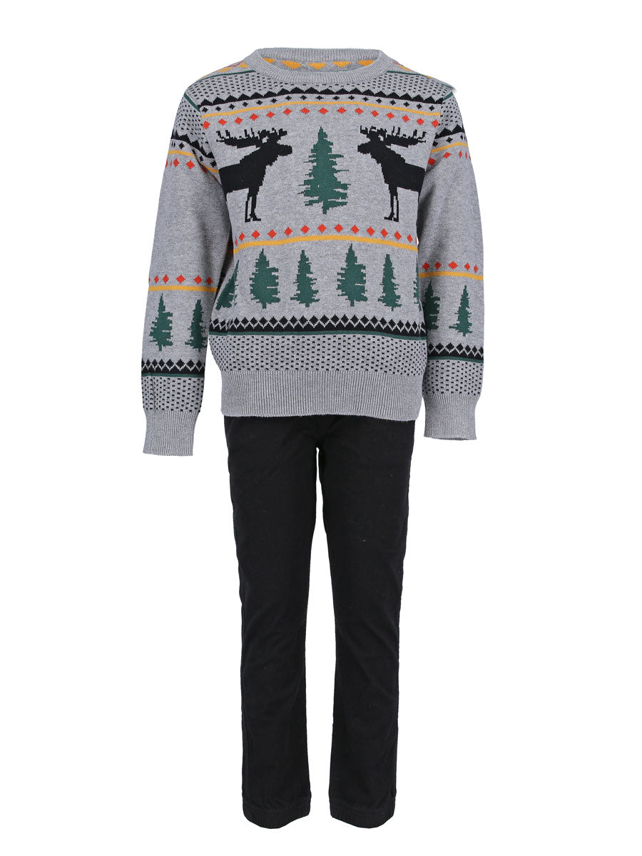 Boys Grey Moose Jacquard Holiday Sweater & Jogger Set