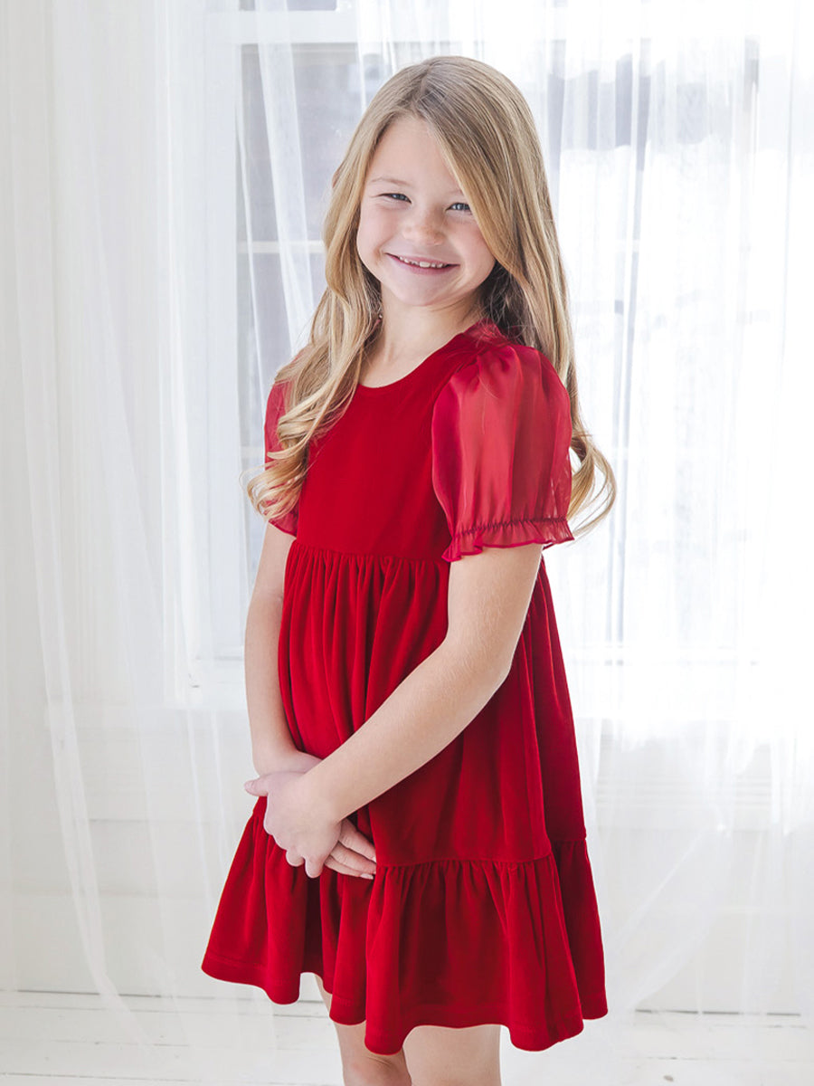 Noella Red Velvet Organza Short Sleeve Dress