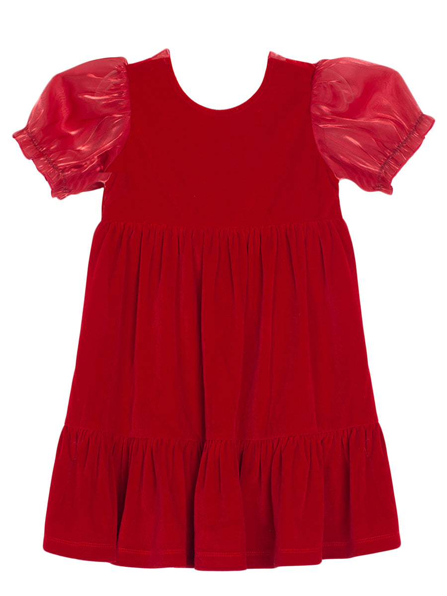 Noella Red Velvet Organza Short Sleeve Dress