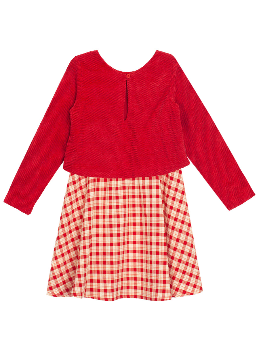 Red Plaid Attached Sweater Chenille Dress