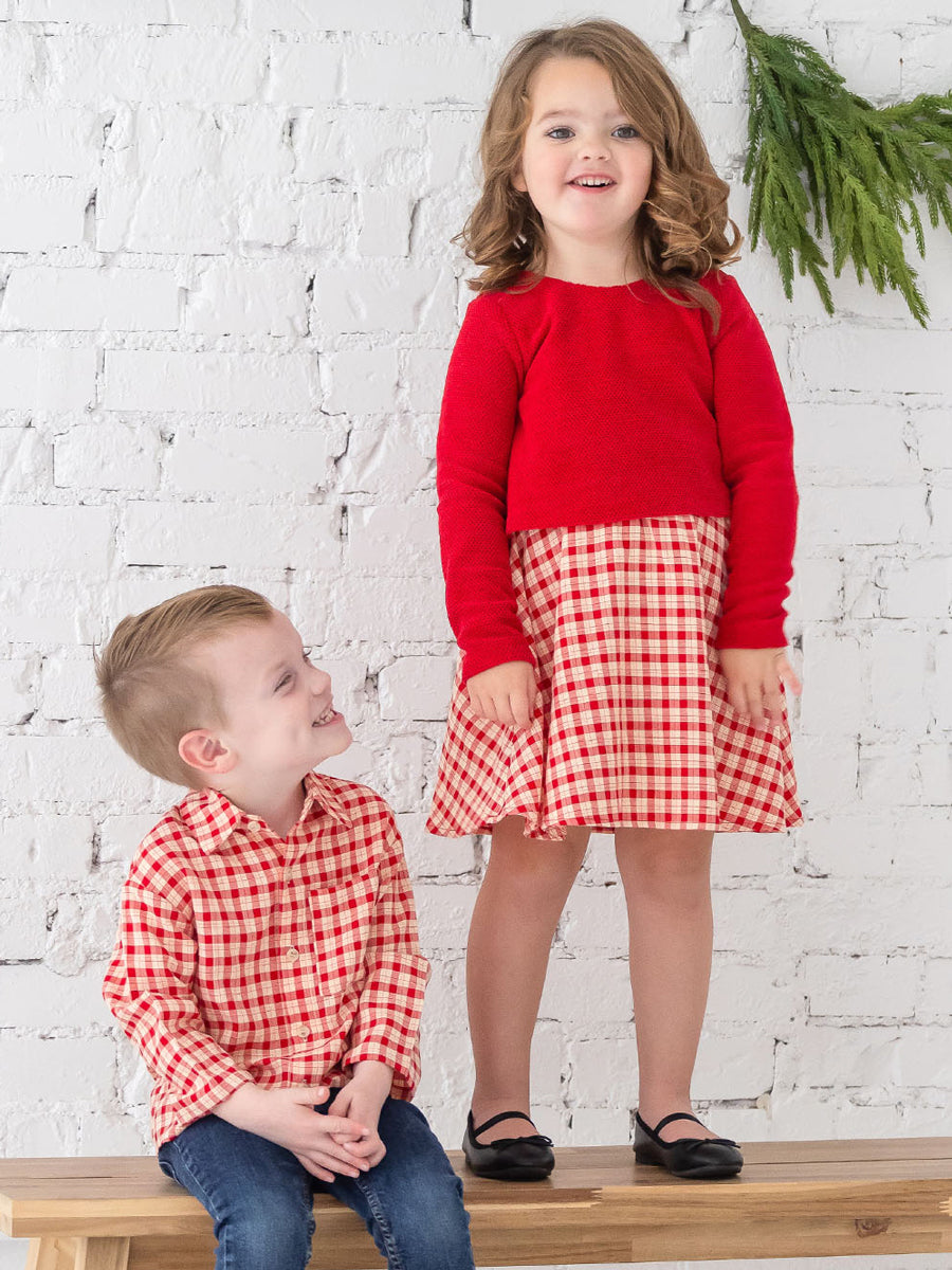 Red Plaid Attached Sweater Chenille Dress