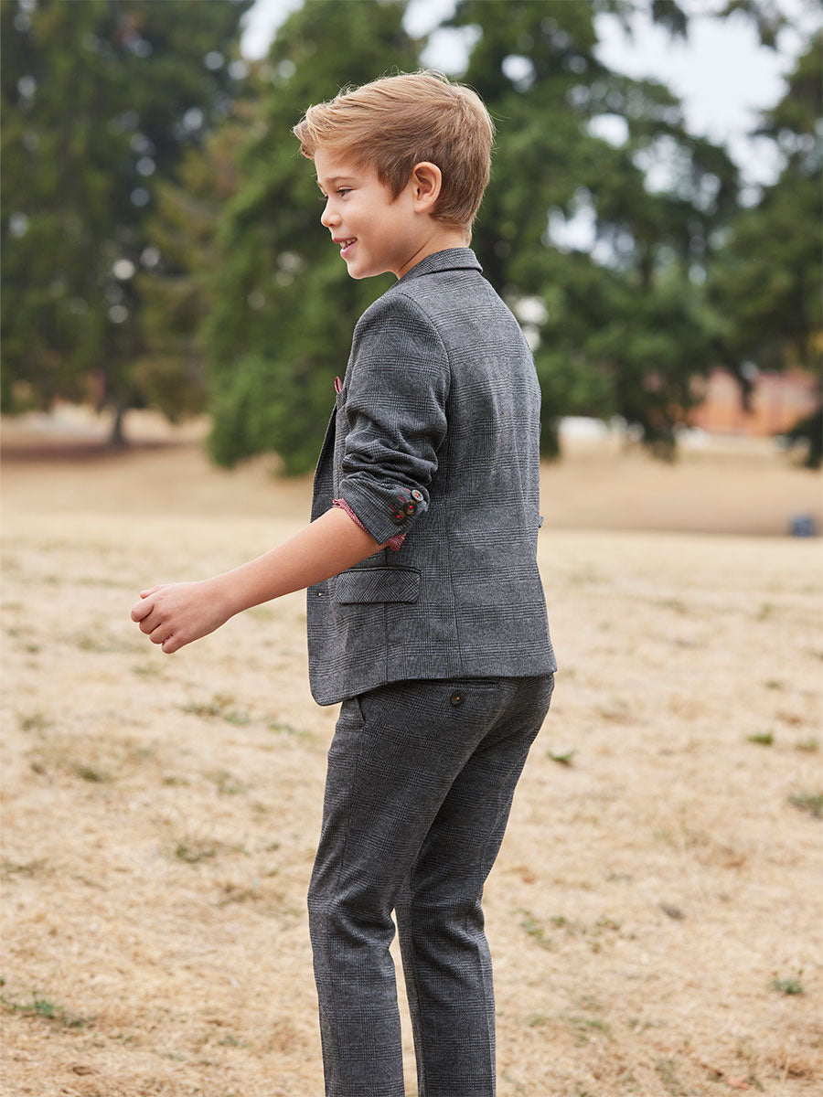 Boys Dark Grey Glen Plaid Stretchy Mod Suit