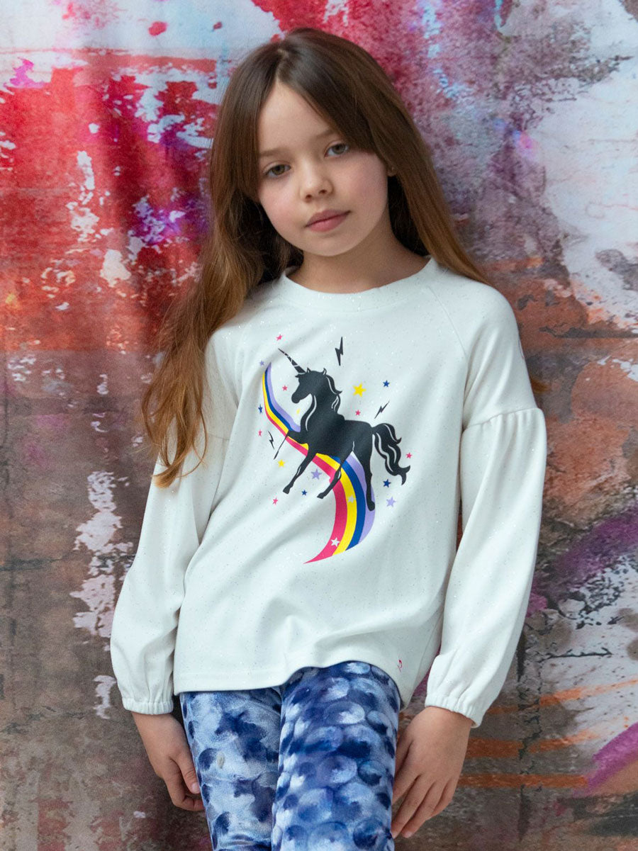 Girls Unicorn White Sparkle Long Sleeve Tee
