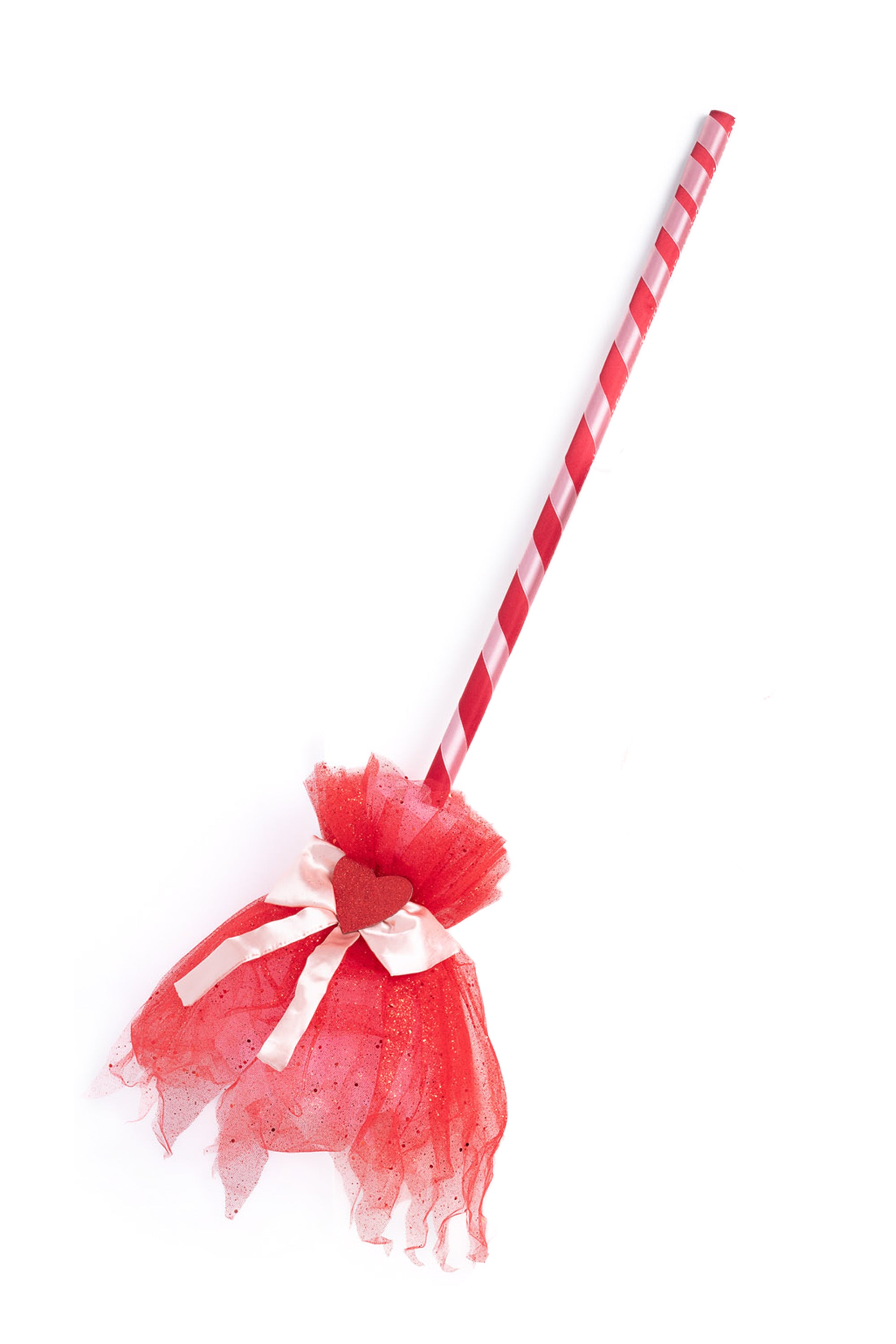 Red and white striped witch broom with a decorative red bow for Love Potion Witch costume for girls