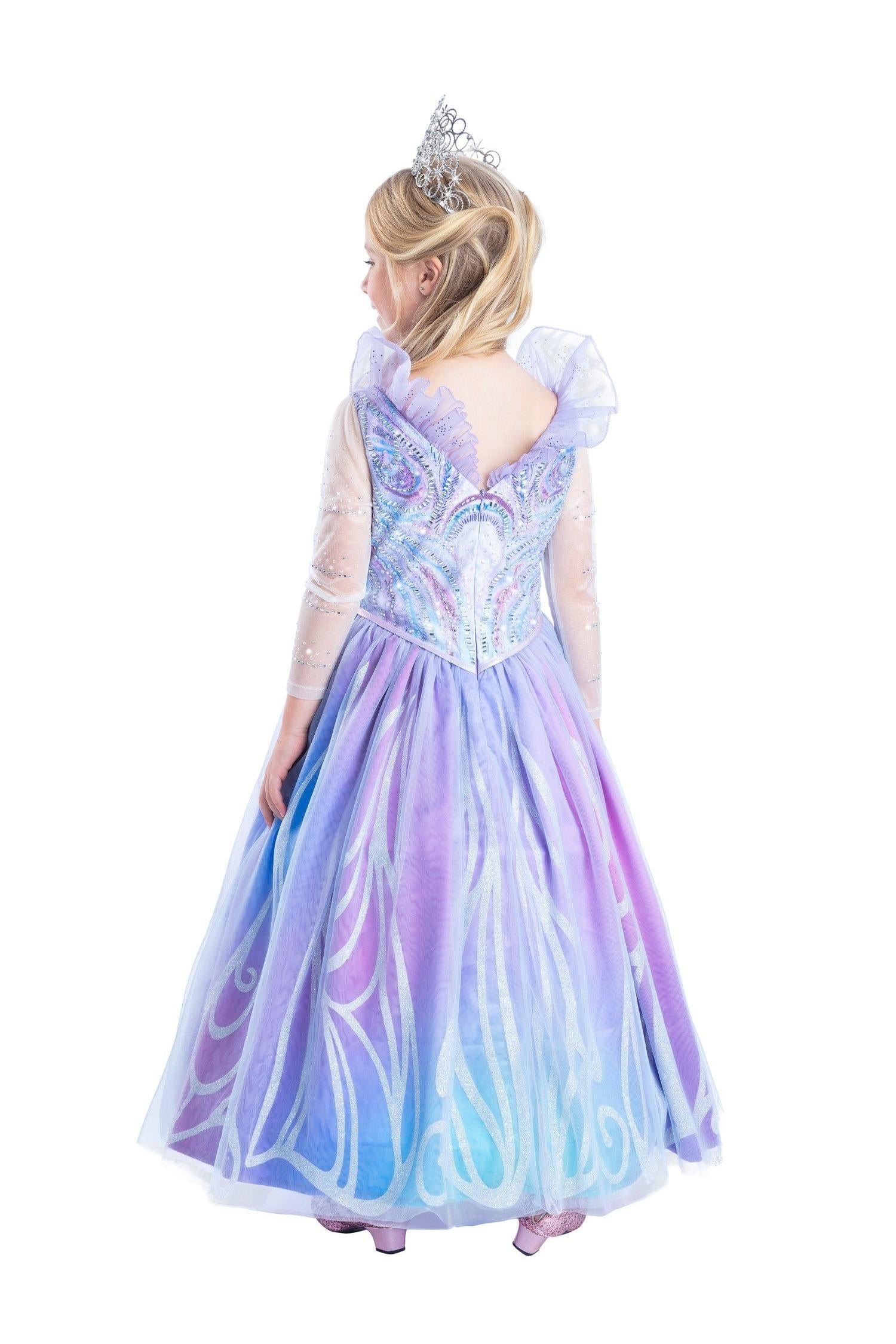 Backview of 2025 Wicked for Good Blue Glinda Costume Dress for Kids - Girls Dress up by Chasing Fireflies