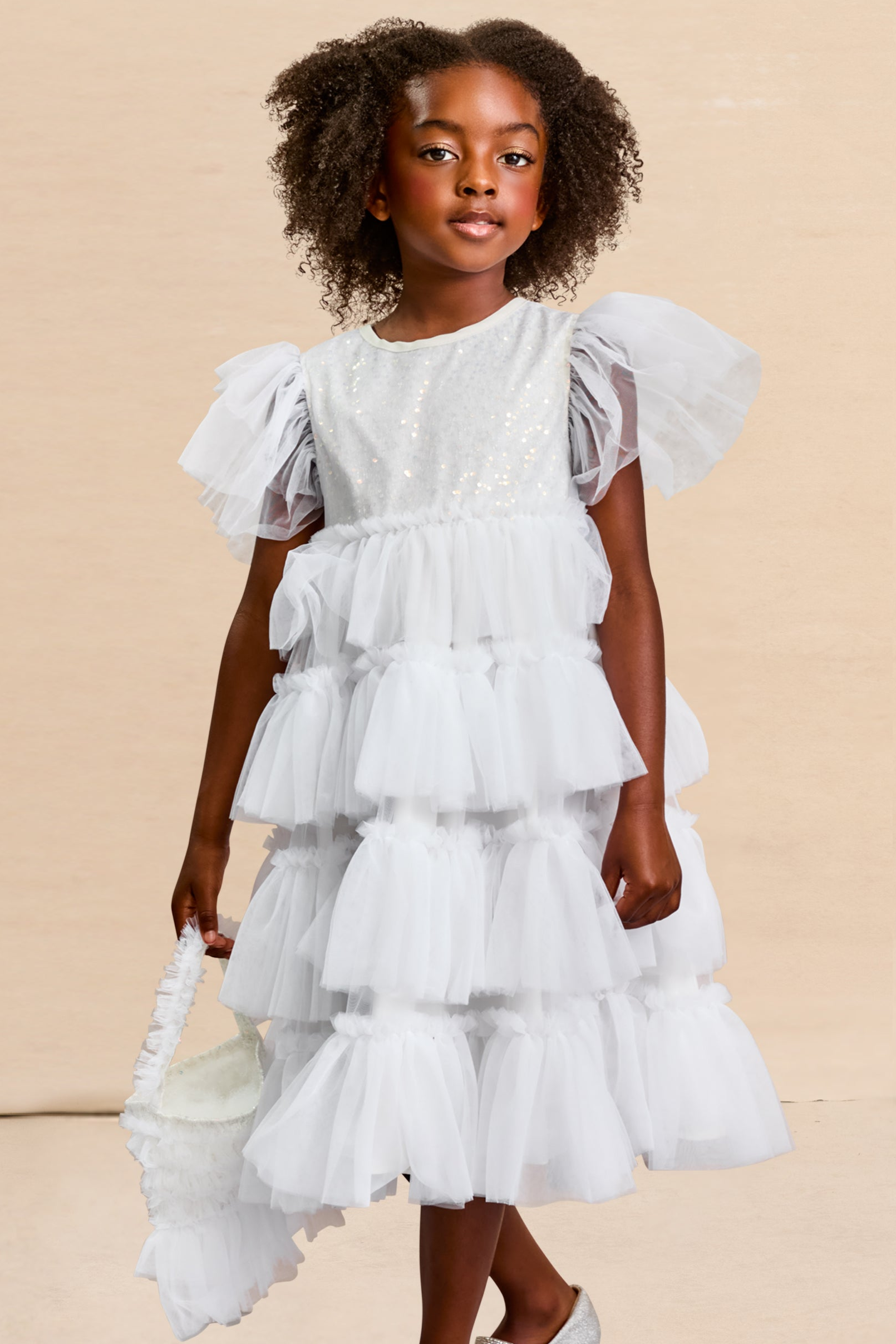 Kids White Tulle Ruffle Dress For Girls, 3-4 years