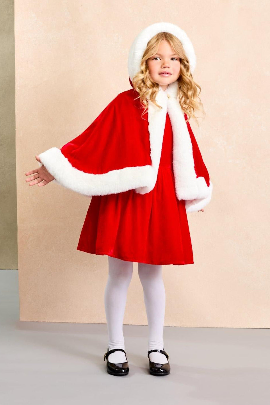 Mrs. Claus Holiday Cape and Hand Muff Set with Red Velvet Dress - Holiday Set - Kids Dress Up - Chasing Fireflies