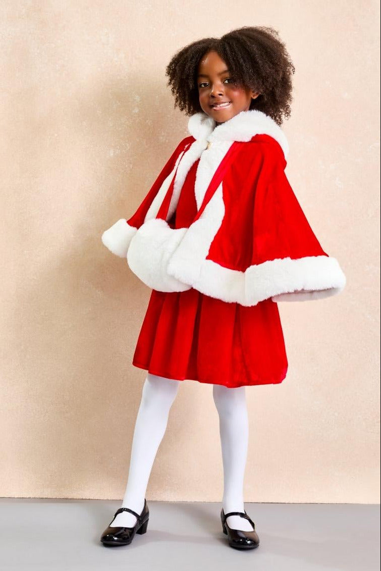 Mrs. Claus Holiday Cape and Hand Muff Set with Red Velvet Dress - Holiday Set - Kids Dress Up - Chasing Fireflies