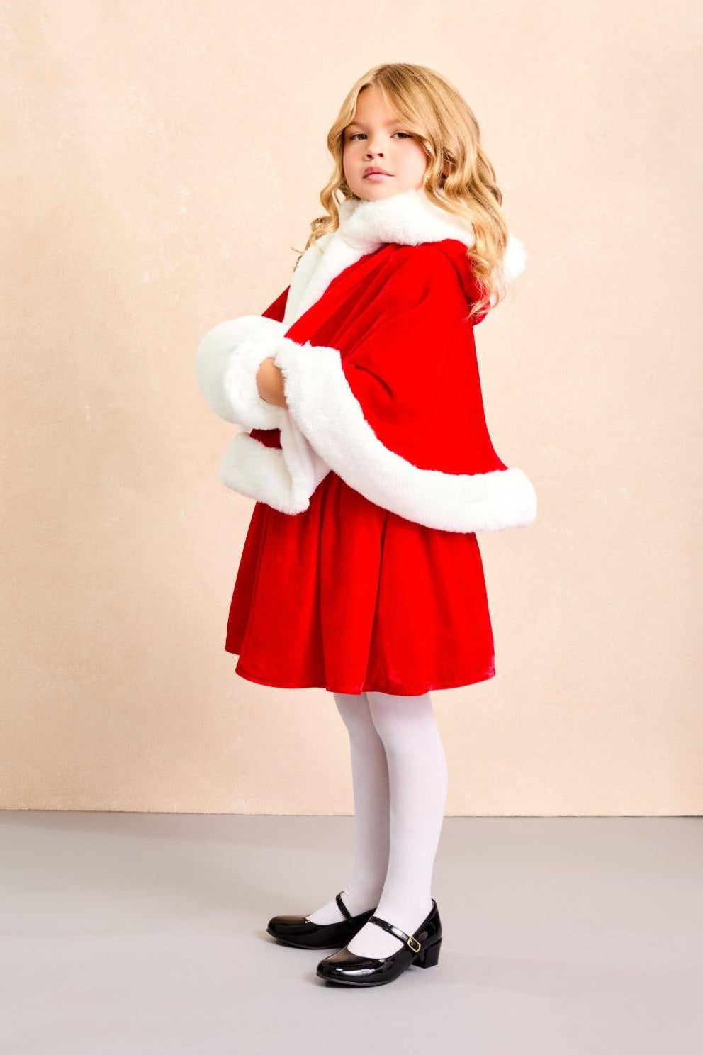 Mrs. Claus Holiday Cape and Hand Muff Set with Red Velvet Dress - Holiday Set - Kids Dress Up - Chasing Fireflies