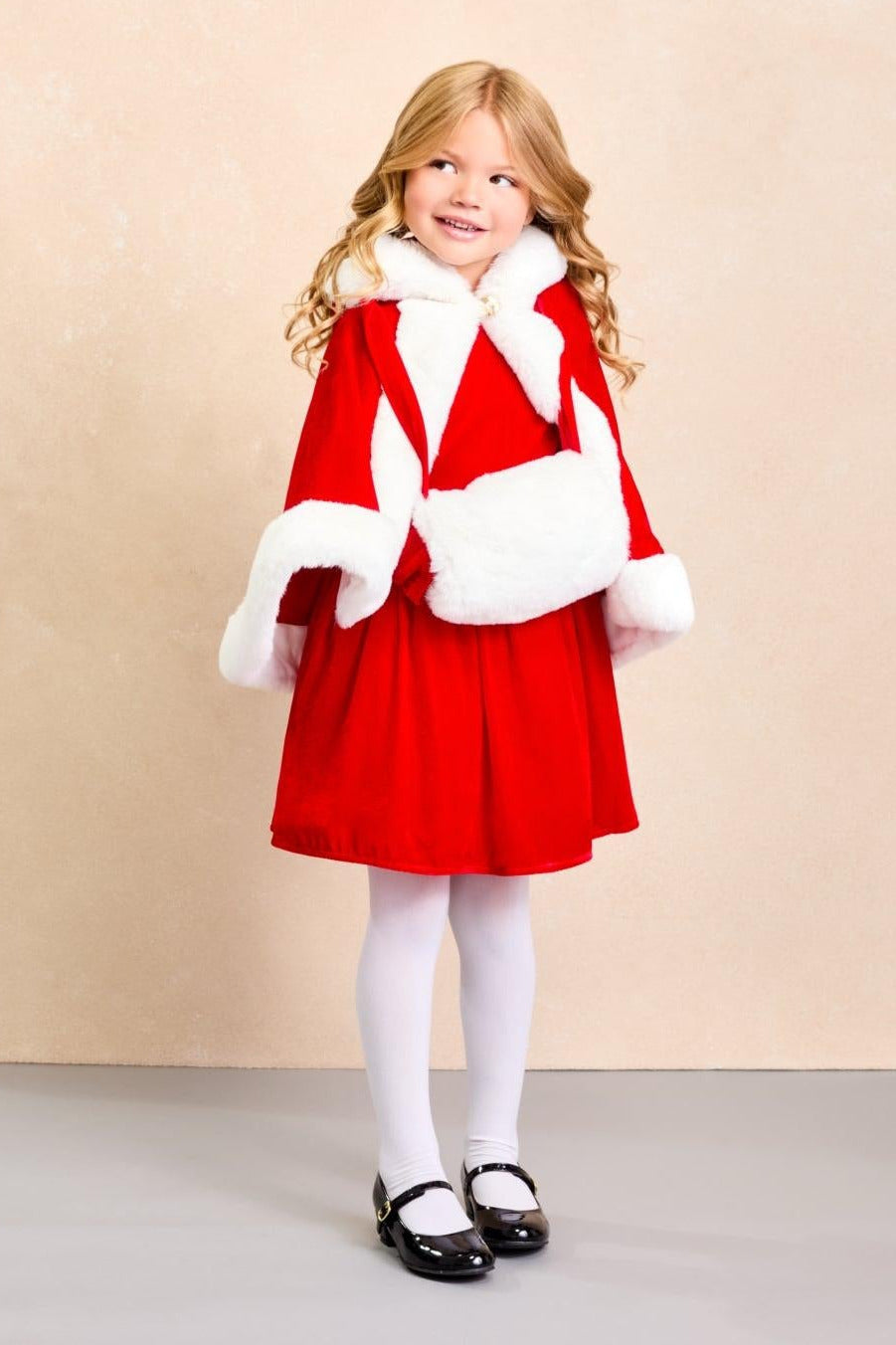 Mrs. Claus Holiday Cape and Hand Muff Set with Red Velvet Dress