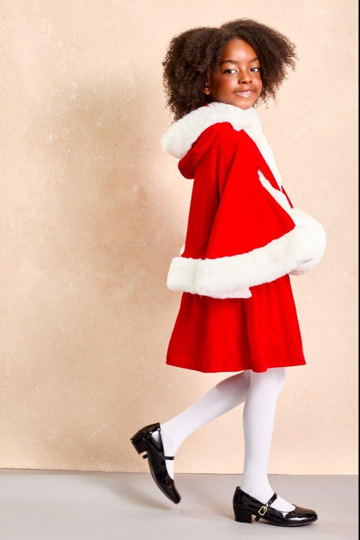 Mrs. Claus Holiday Cape and Hand Muff Set with Red Velvet Dress - Holiday Set - Kids Dress Up - Chasing Fireflies