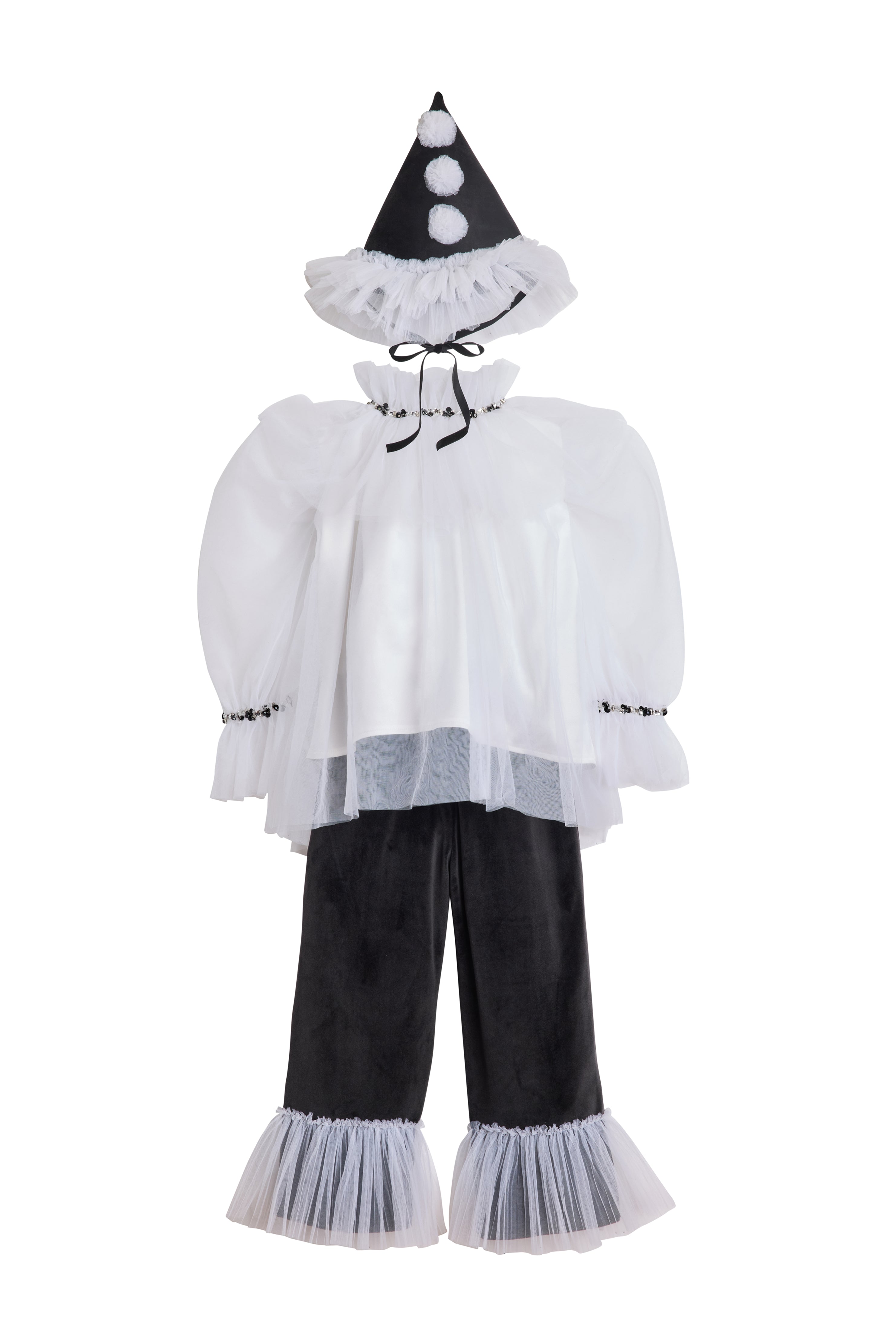 Pierrot Clown Costume Set for Kids - Cape (M/L), Hat (M/L), Shirt & Trousers