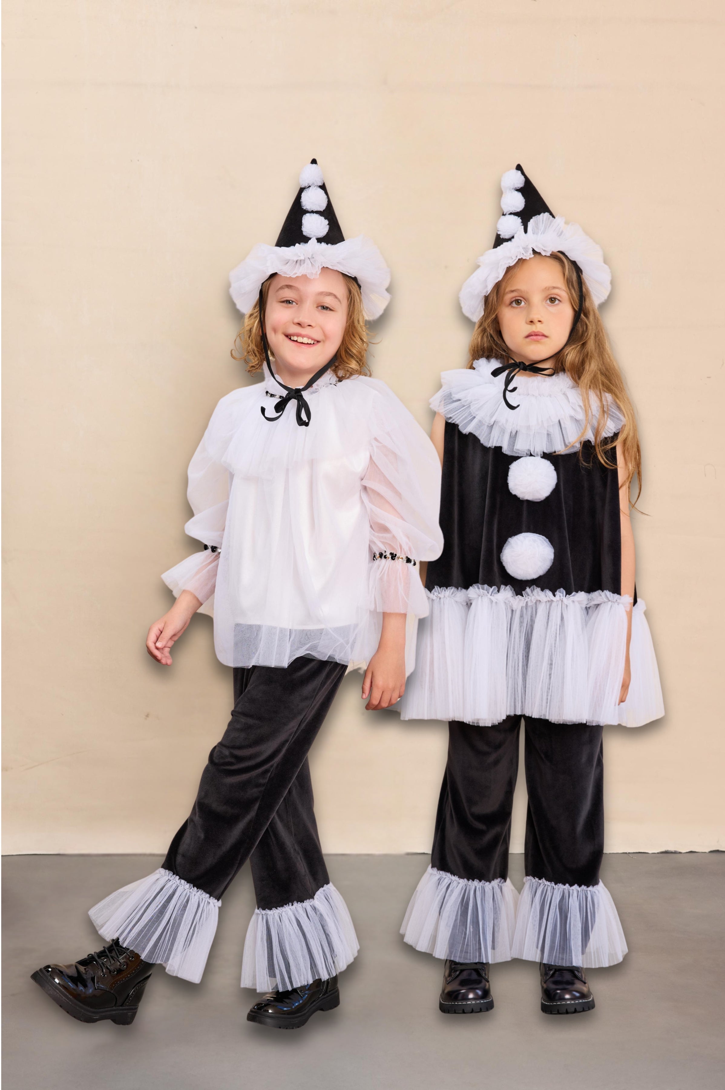 Pierrot Clown Costume Set for Kids - Cape (M/L), Hat (M/L), Shirt & Trousers