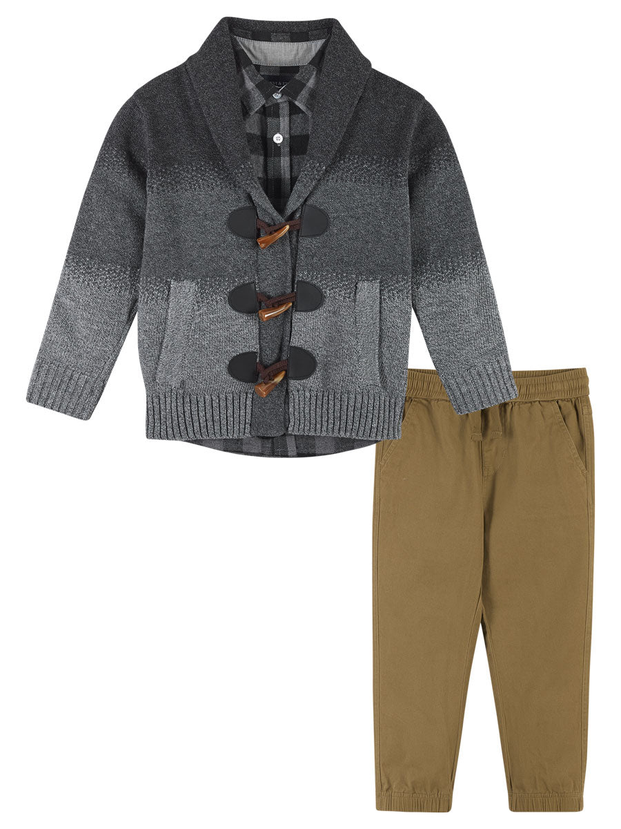 Boys Toggle Cardigan Sweater, Pants and Shirt 3 piece Set