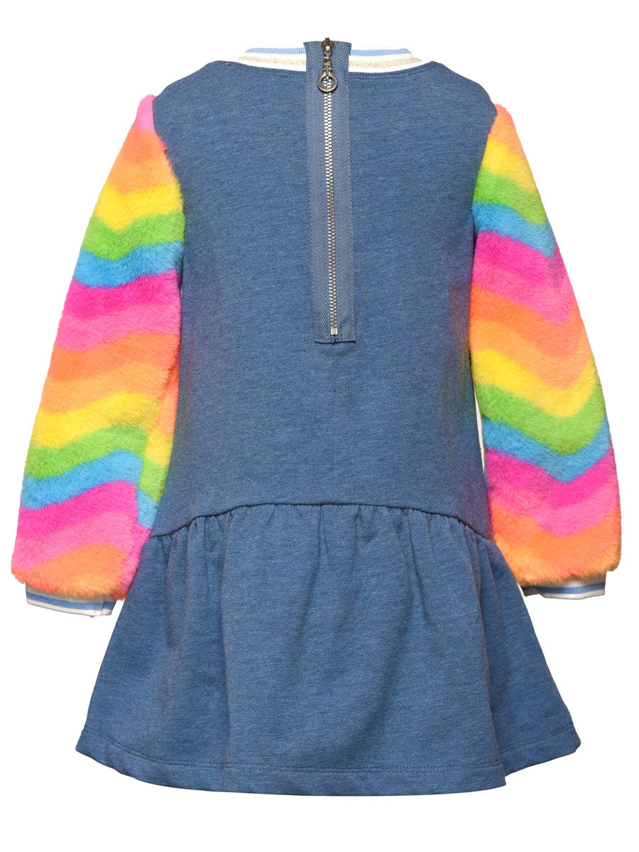 Rainbow Faux Fur Sleeve Dress with Sequins