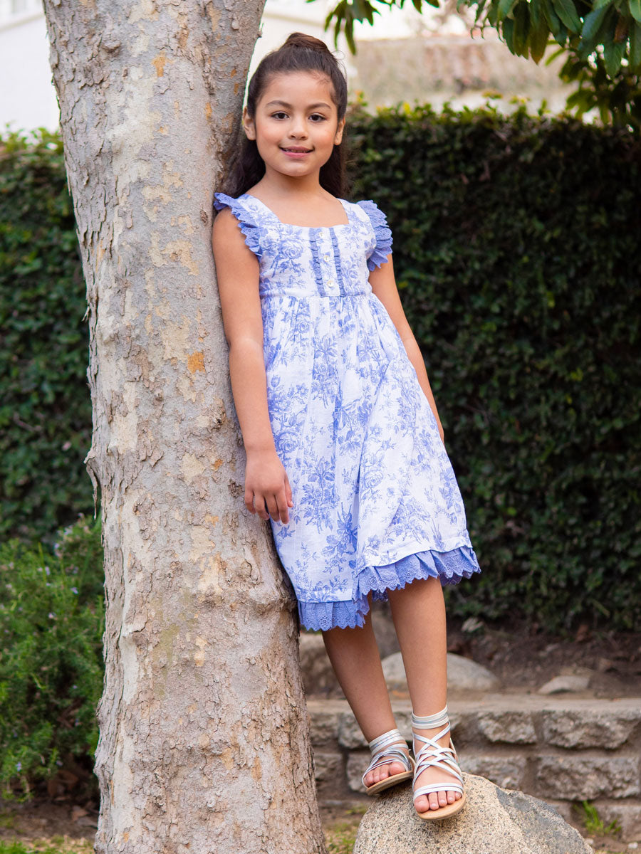 Blue and White Toile Print Dress with Eyelet Trim