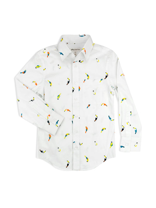 White Standard Shirt with Printed Birds for Boys