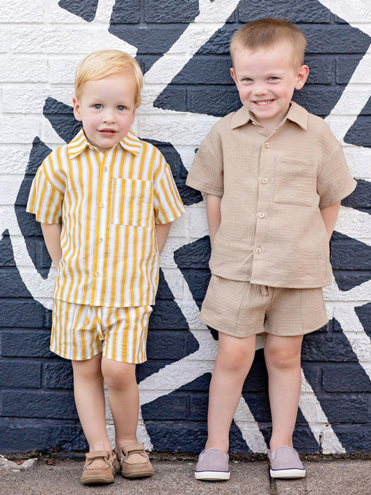 Boys Shirt & Shorts 2-Piece Yellow Stripe Woven Set