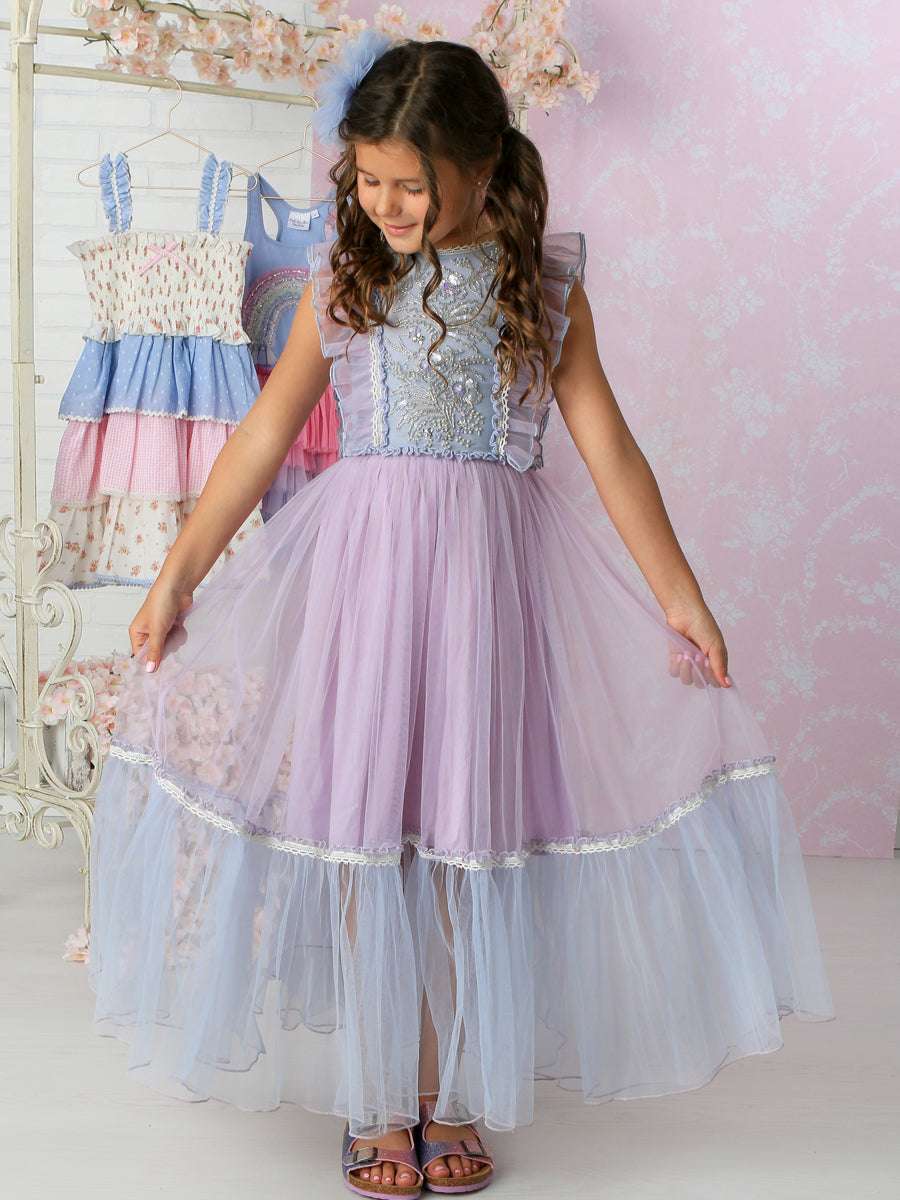 Elodie Beaded Lilac Maxi Tulle Dress