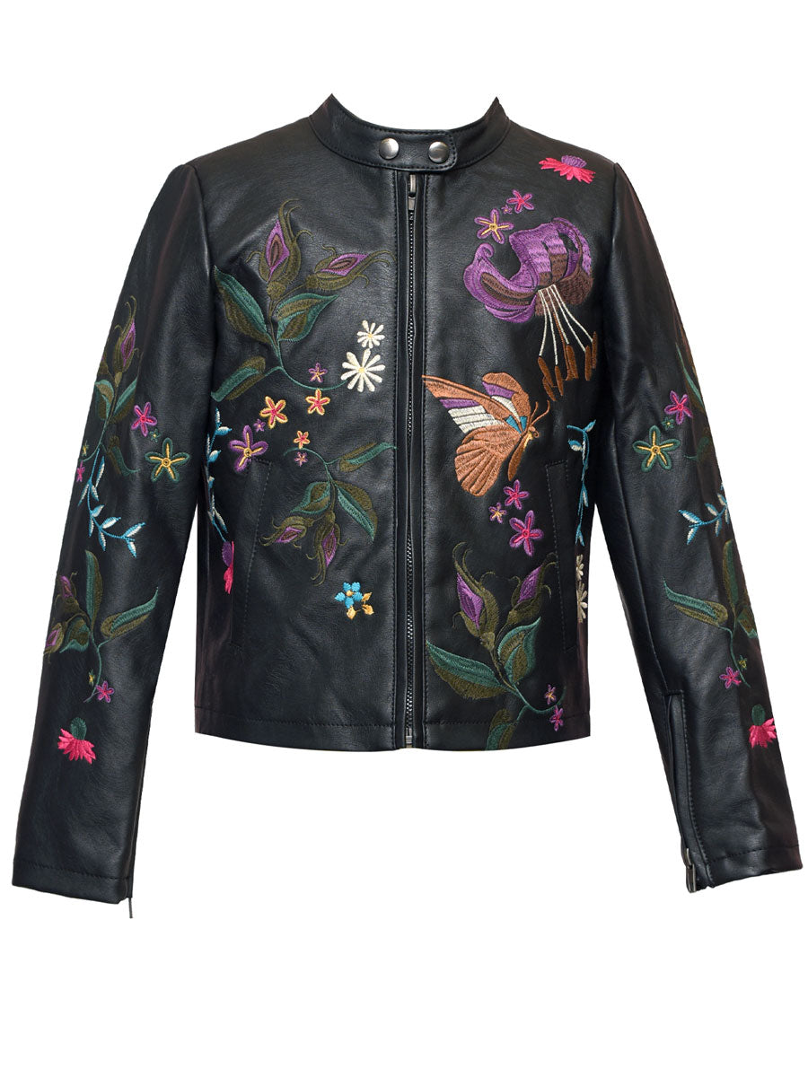 Embroidered Faux Leather Jacket for Girls