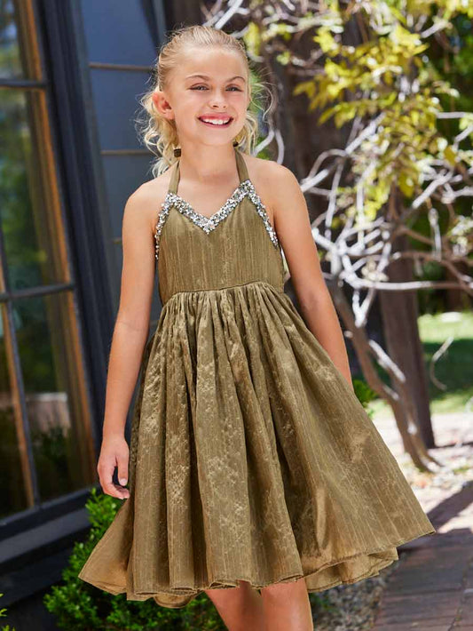 Evaleen Gold Halter Dress with Gems  for Girls