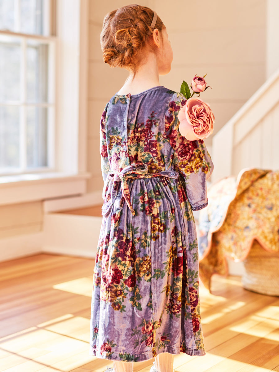 Claudette Blue Floral Velvet Dress for Girls
