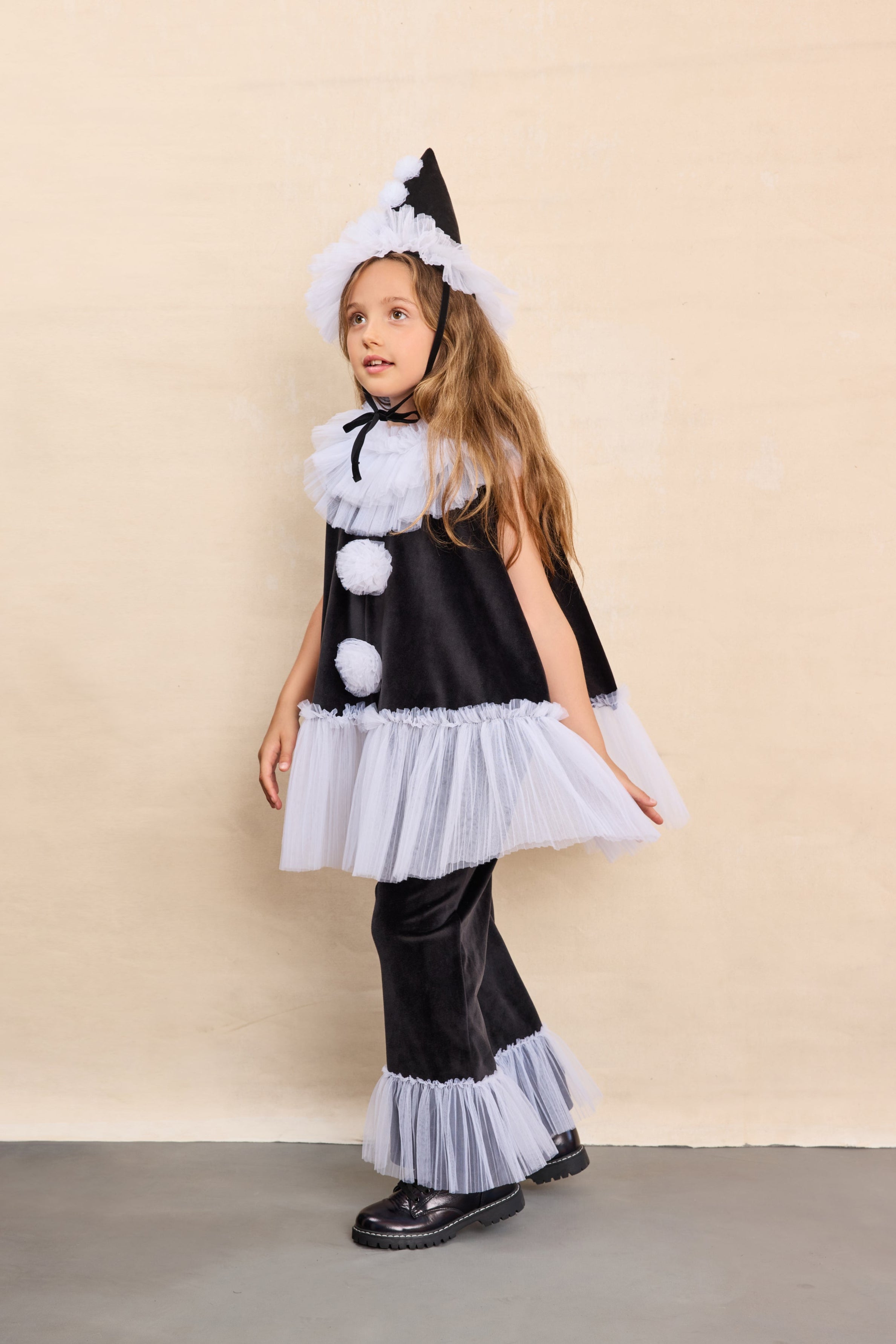 Pierrot Clown Costume Set for Kids - Cape (M/L), Hat (M/L), Shirt & Trousers