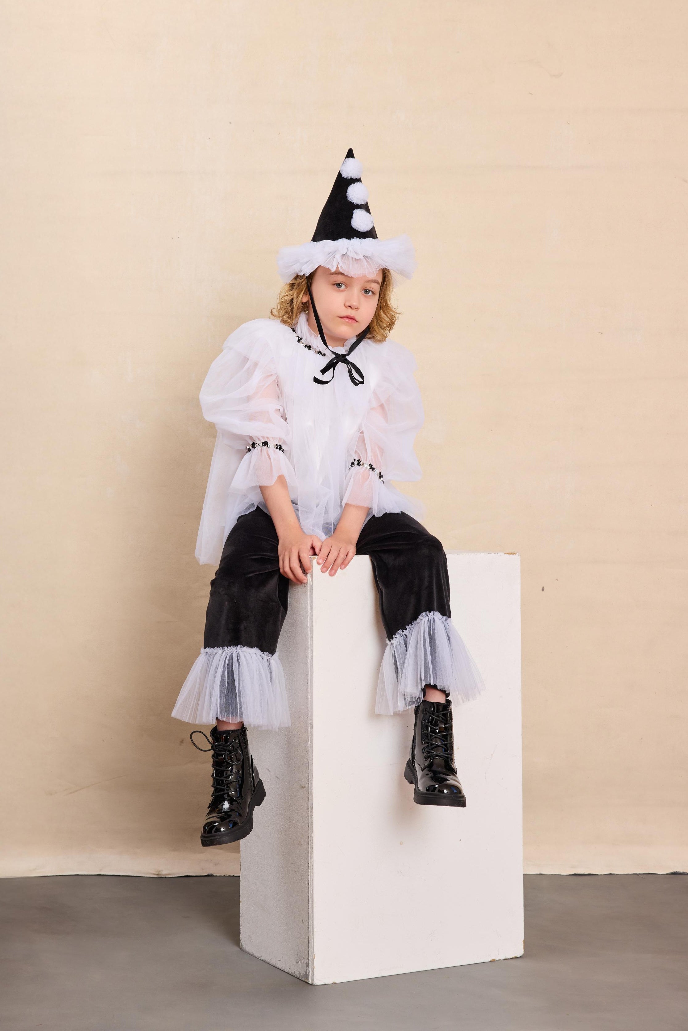 Pierrot Clown Costume Set for Kids - Cape (M/L), Hat (M/L), Shirt & Trousers