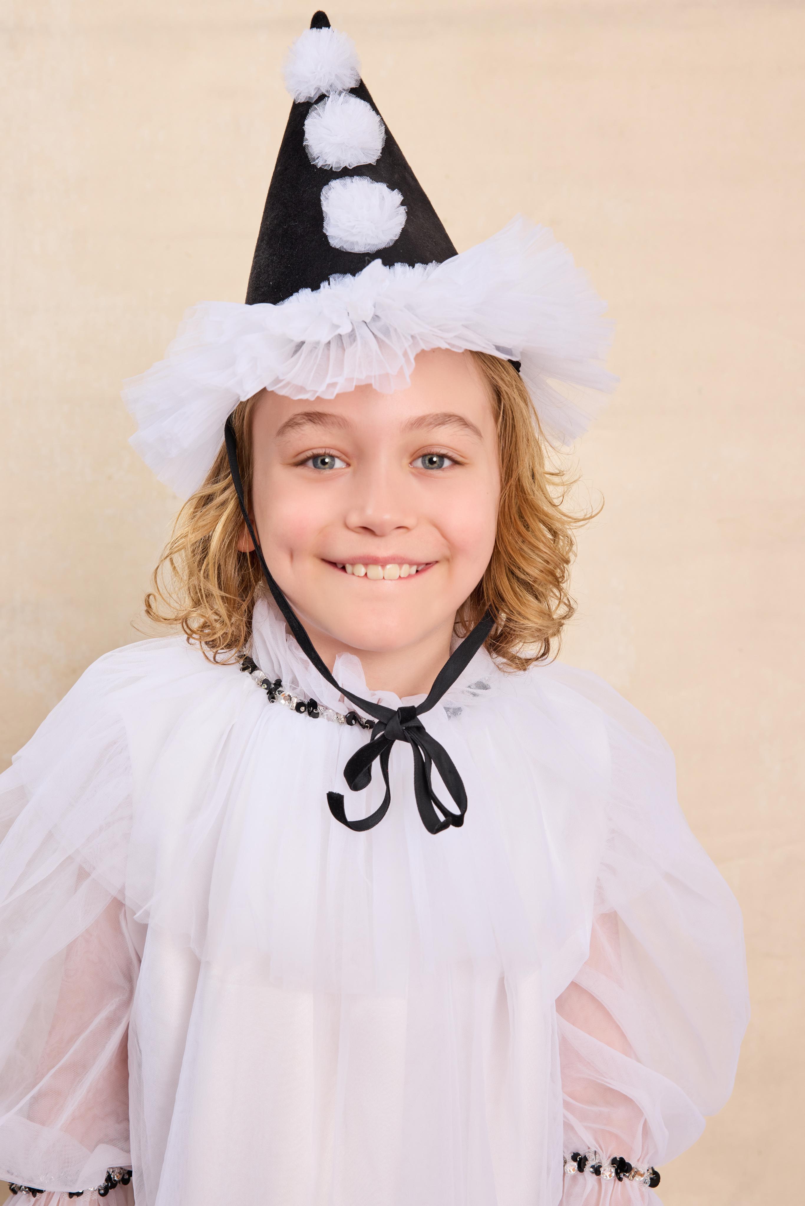 Pierrot Clown Costume Set for Kids - Cape (M/L), Hat (M/L), Shirt & Trousers