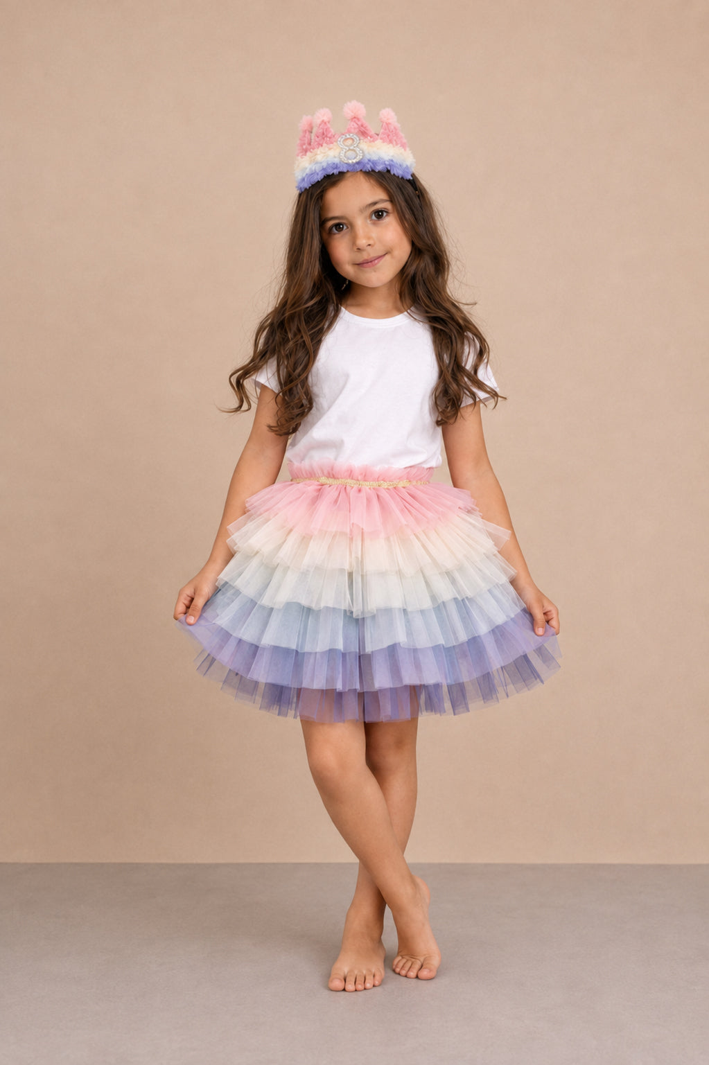 Rainbow Tulle Birthday Skirt & Crown Set for Girls