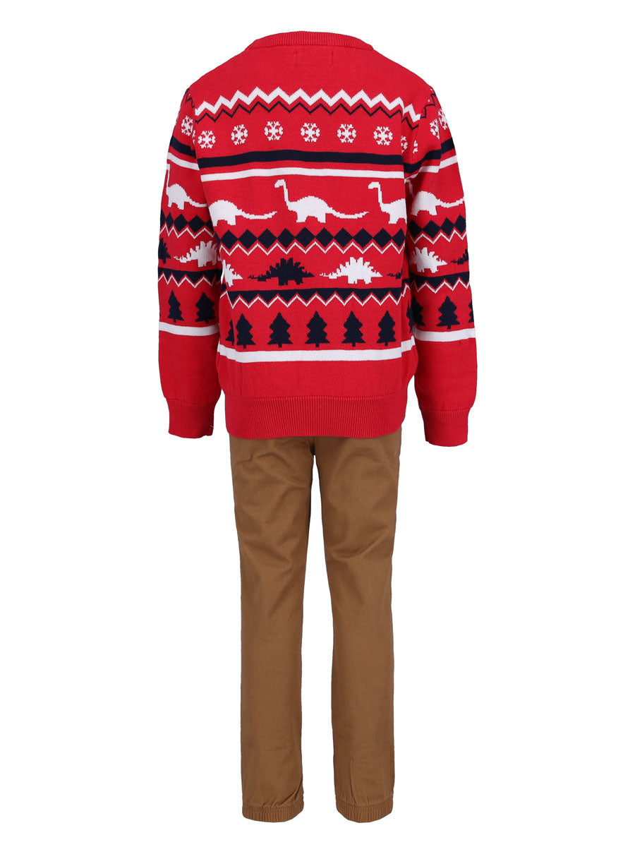 Boys Red Dino Jacquard Holiday Sweater & Jogger Set