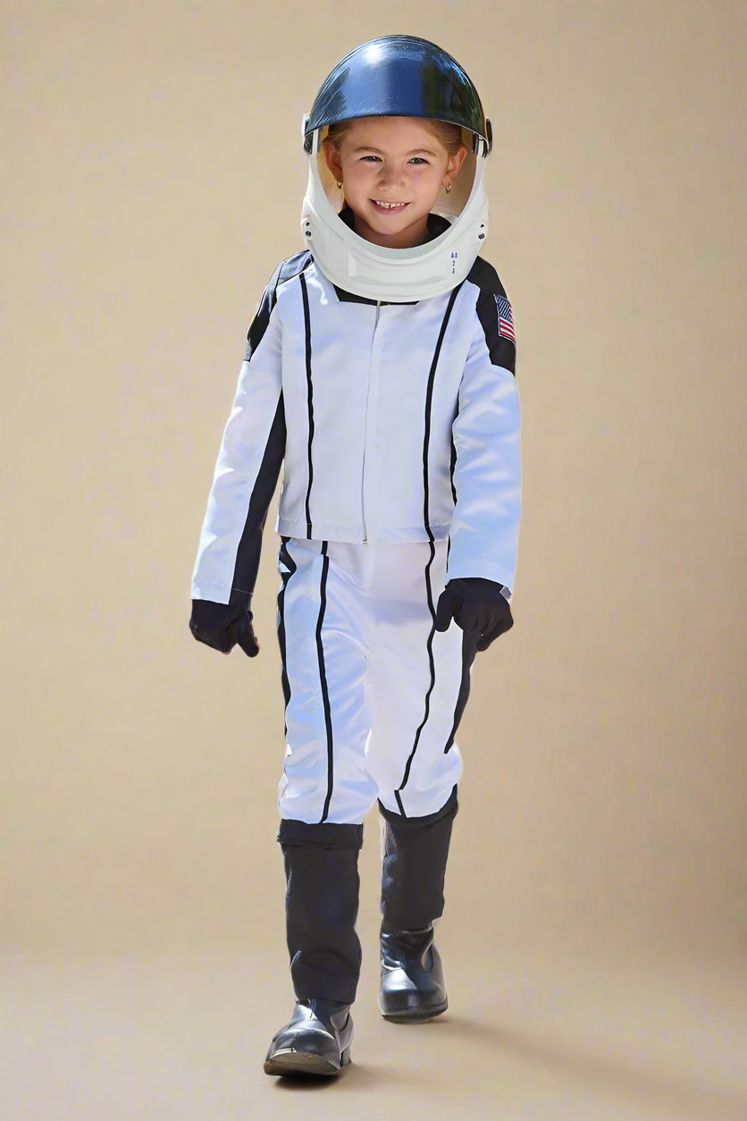 Child wearing an astronaut costume with a helmet on a white background