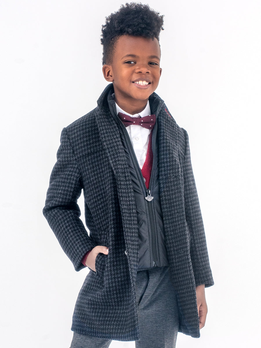Boys Charcoal Houndstooth City Overcoat