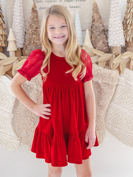 Noella Red Velvet Organza Short Sleeve Dress