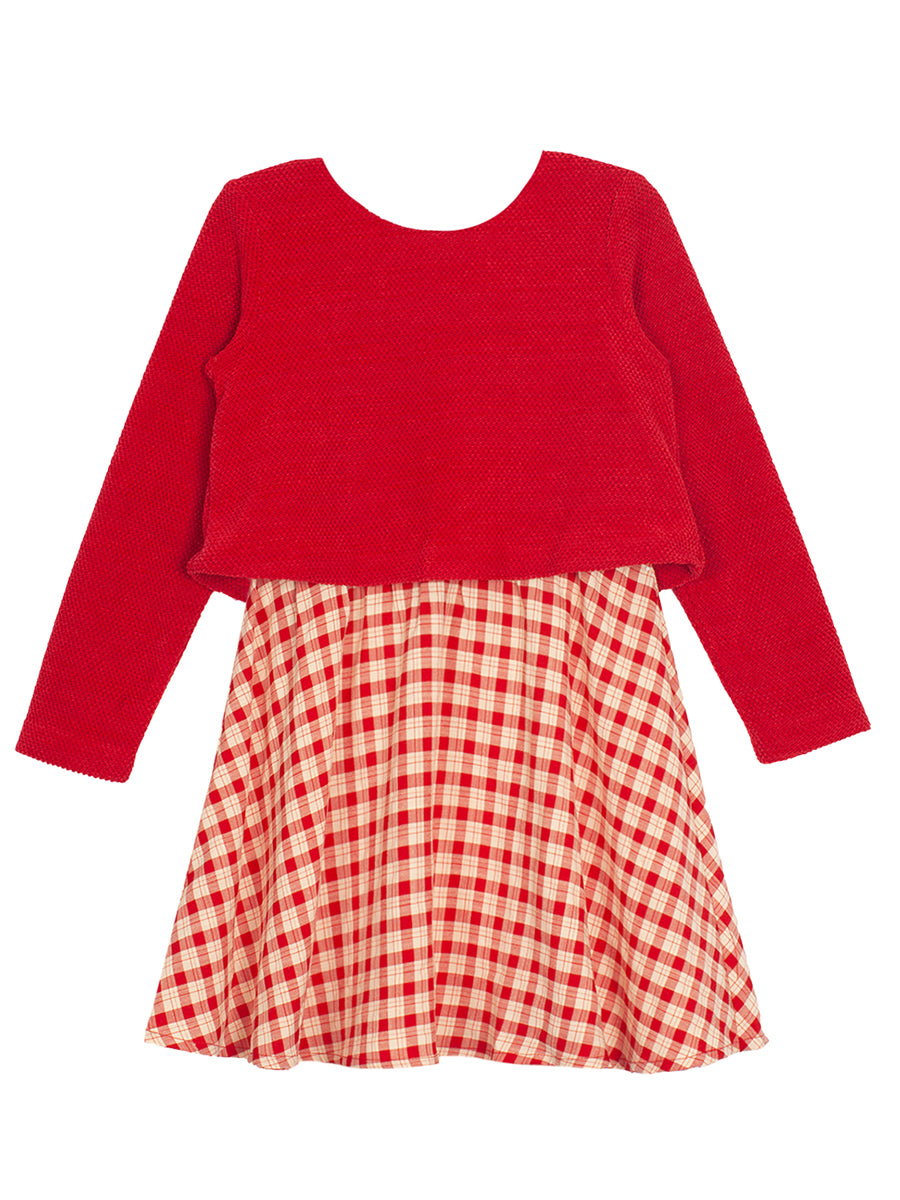 Red Plaid Attached Sweater Chenille Dress