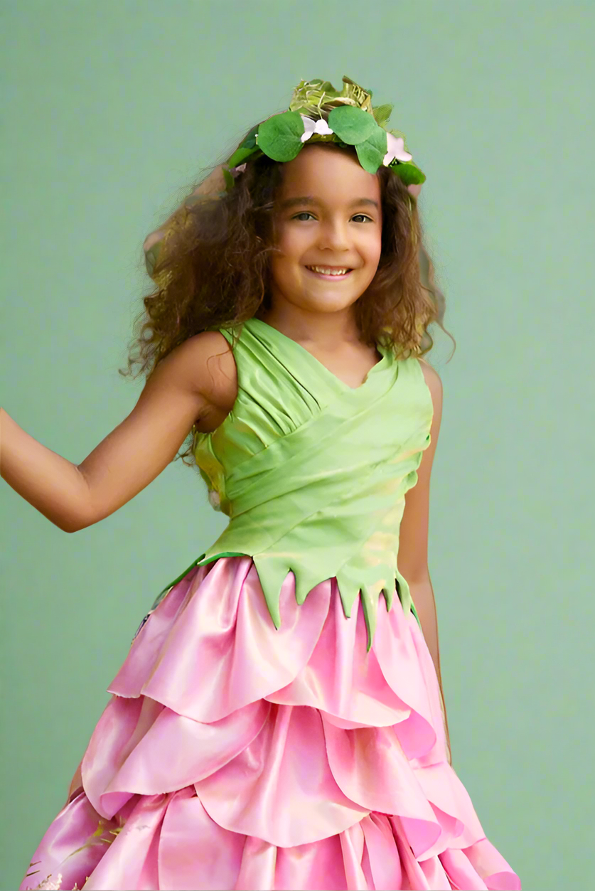 Young girl in a green and pink dress with a butterfly on a green background
