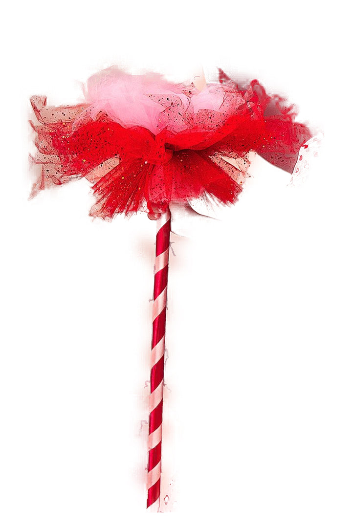 Red tulle bow on a striped stick against a white background