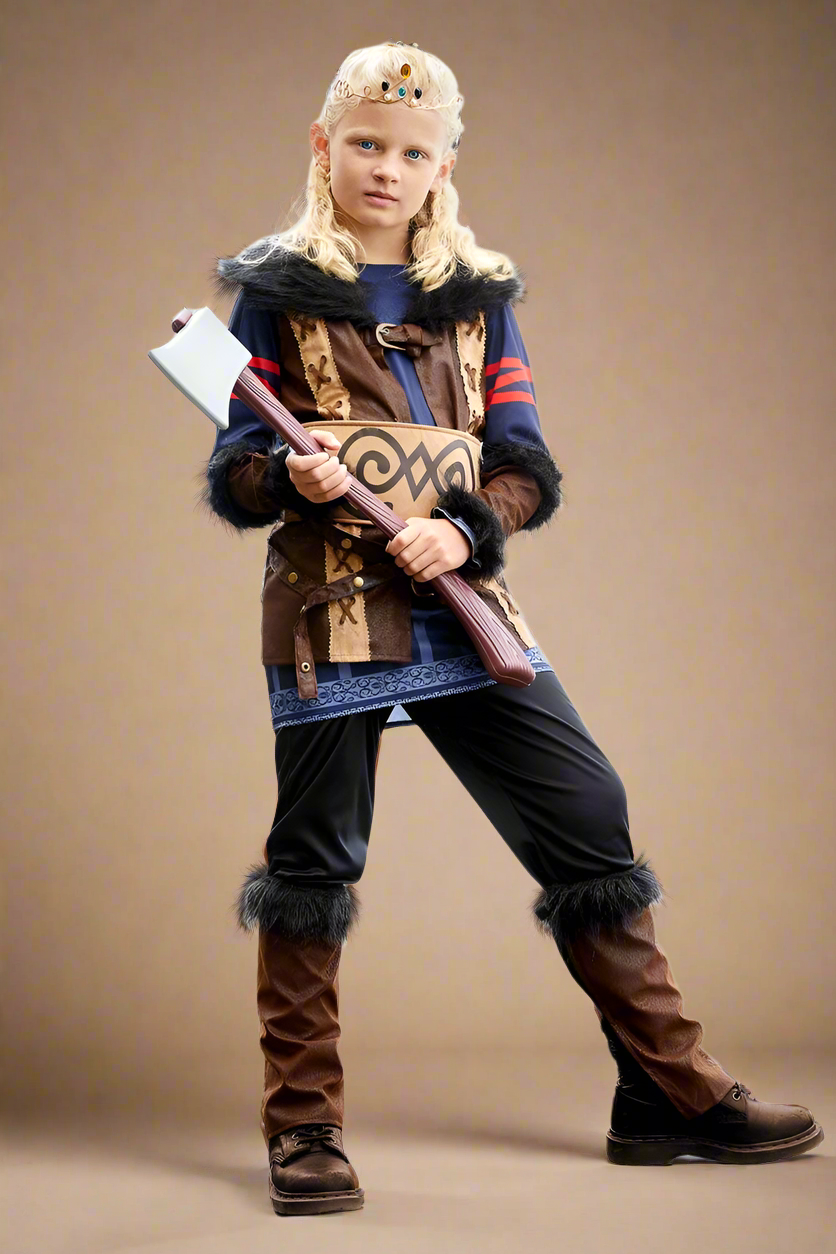 Child in a Viking costume holding an axe on a white background