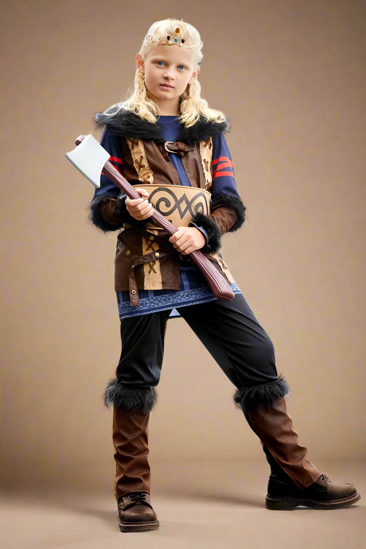 Child in a Viking costume holding an axe on a white background