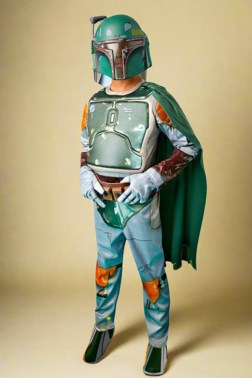 Child wearing a Boba Fett costume on a white background