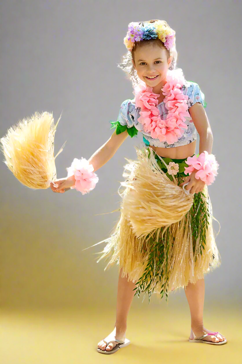 Child in a hula costume with a grass skirt and floral accessories on a gray background