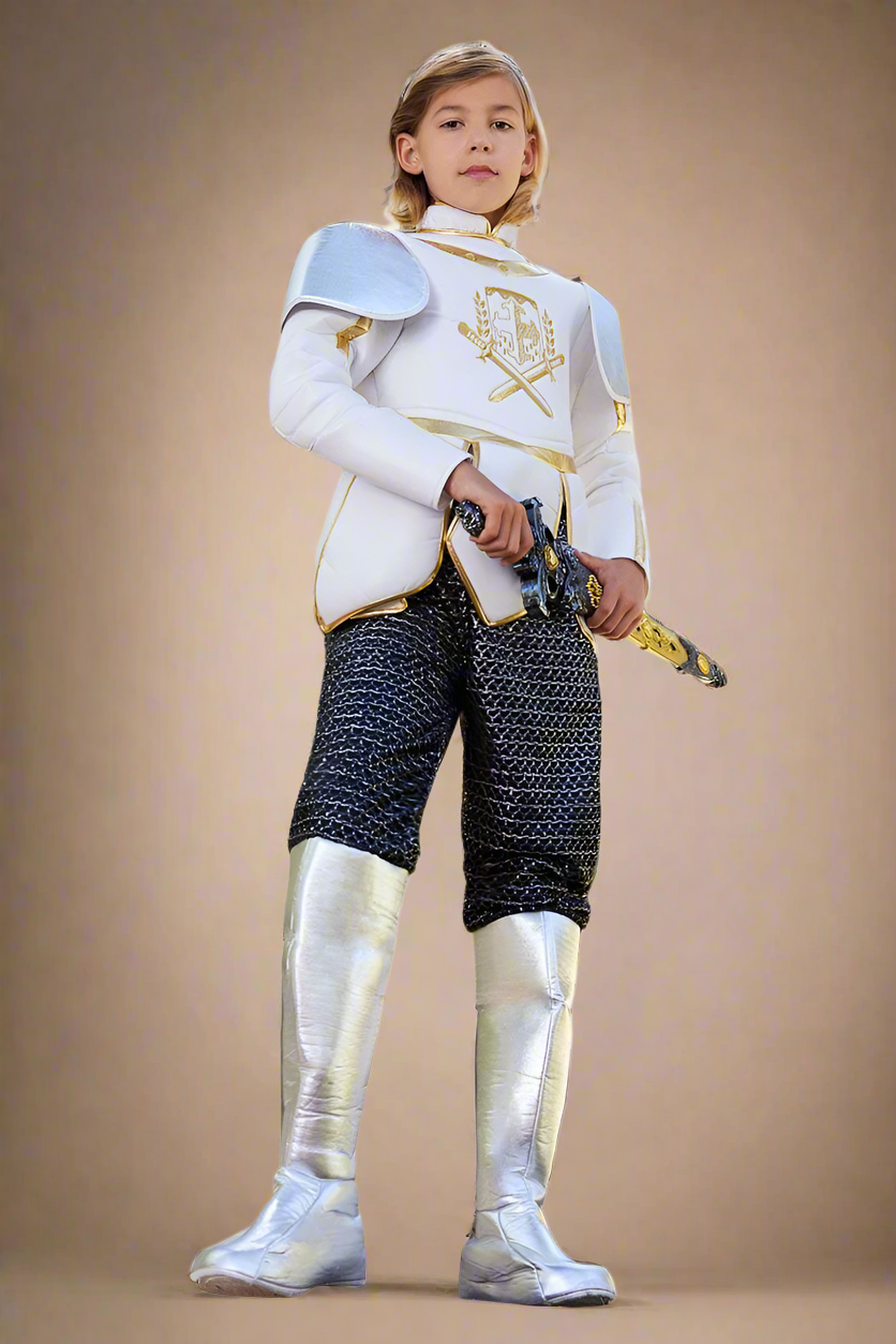 Boy in a fantasy white knight costume with armor and sword