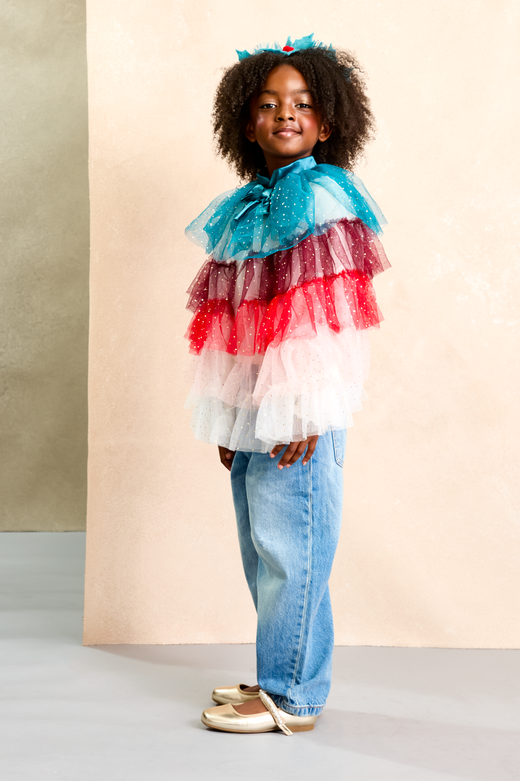 Holiday Holly Sparkly Tulle Cape for Girls