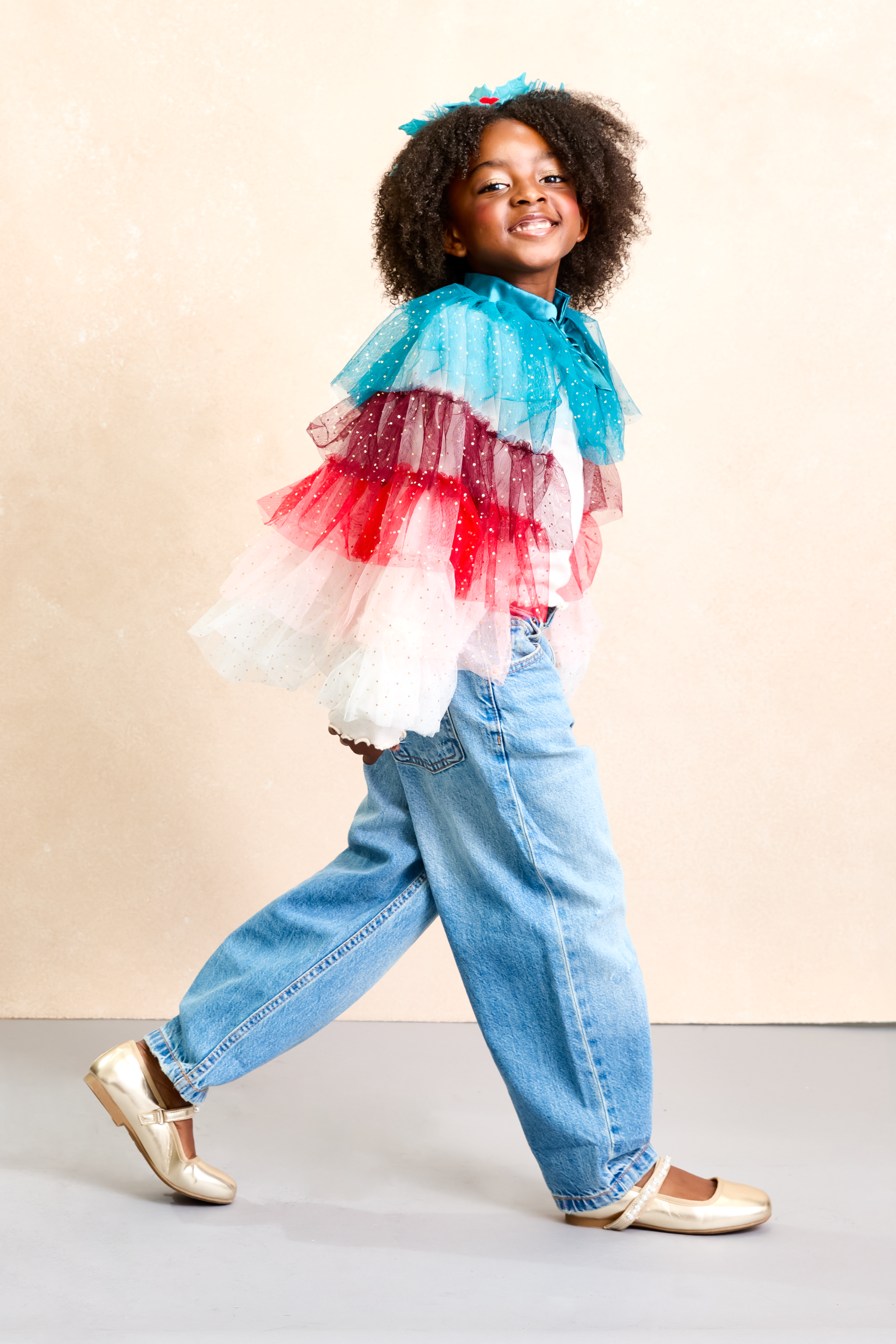 Holiday Holly Sparkly Tulle Cape for Girls