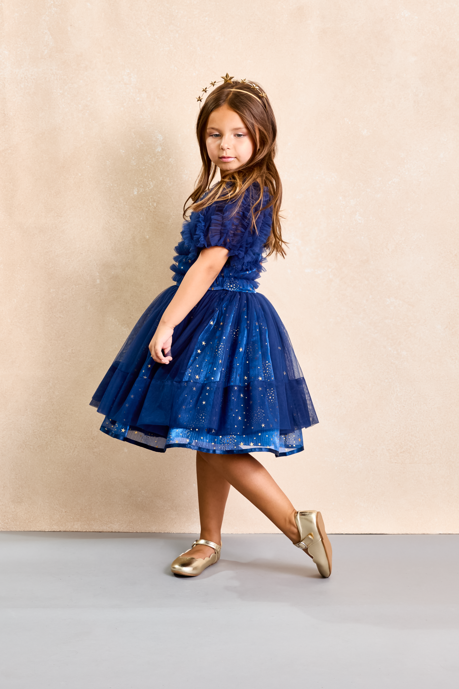 gold dress with stars MissJophiel V Neck Gold Star Sequin Dress with Tie Straps