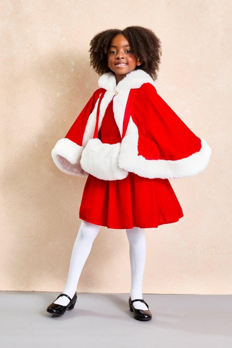 Mrs. Claus Holiday Cape and Hand Muff Set with Red Velvet Dress