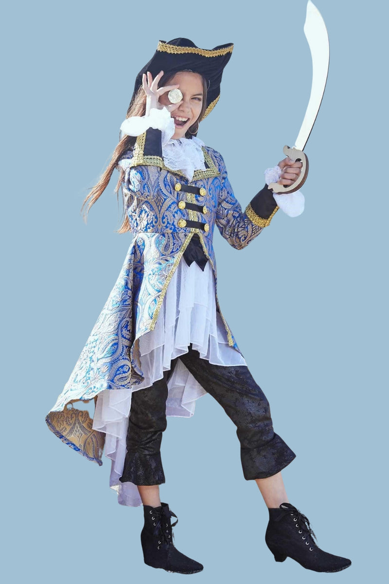 Pirate Blue Brocade Costume for Girls - Main Image